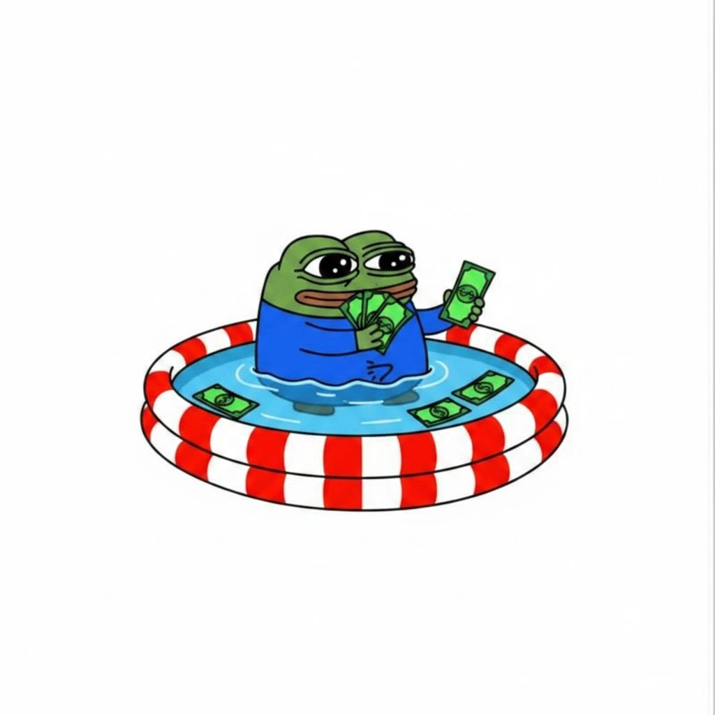 $PEP mascot floating in a red and white pool with cash